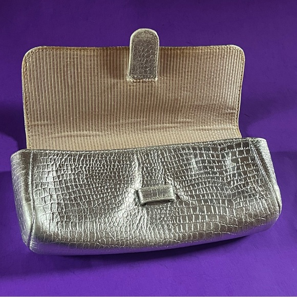 Lauren Merkin Metallic Silver Croc Embossed Leather Clutch Bag
